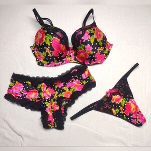 VS bra and (2) panty set. 34D floral with polka dots and lace accents.